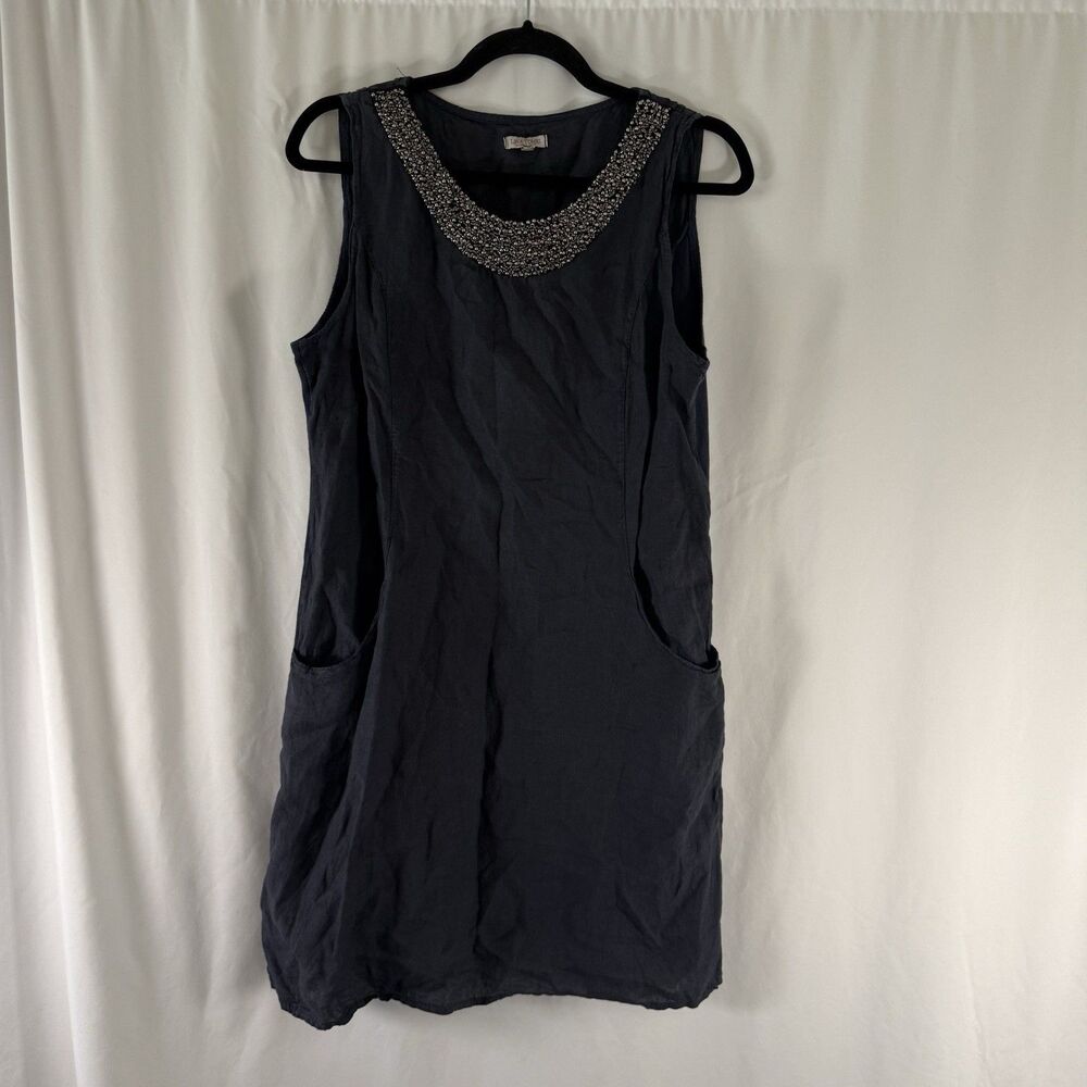 Lina Tomei Linen Dress Women's Large Blue Round Neck Sleeveless Pullover Pockets